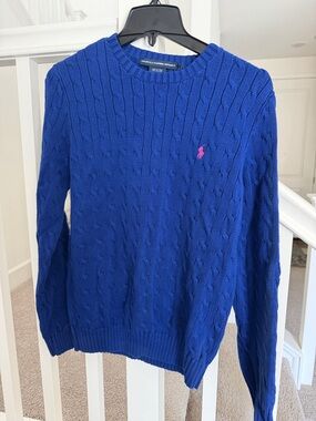 Polo by Ralph Lauren Royal Blue Cable Knit Crewneck with Pink Pony